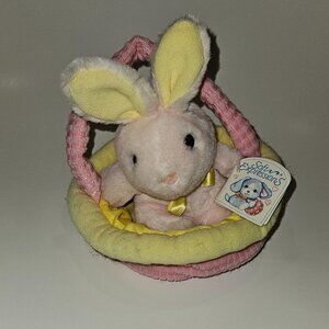 VTG Soft Expressions Pink Yellow Easter Bunny Basket Plush Toy Rattle w/TAG